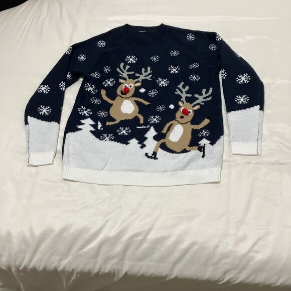 Ugly Christmas Sweater Reindeer 3D Noses Snowflakes Vintage YFL Reserved Sz L - Picture 1 of 7